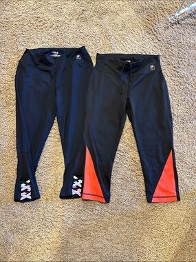 Fila Black Capri Leggings with Neon Pink Panels and Multi-Color Lace Detail